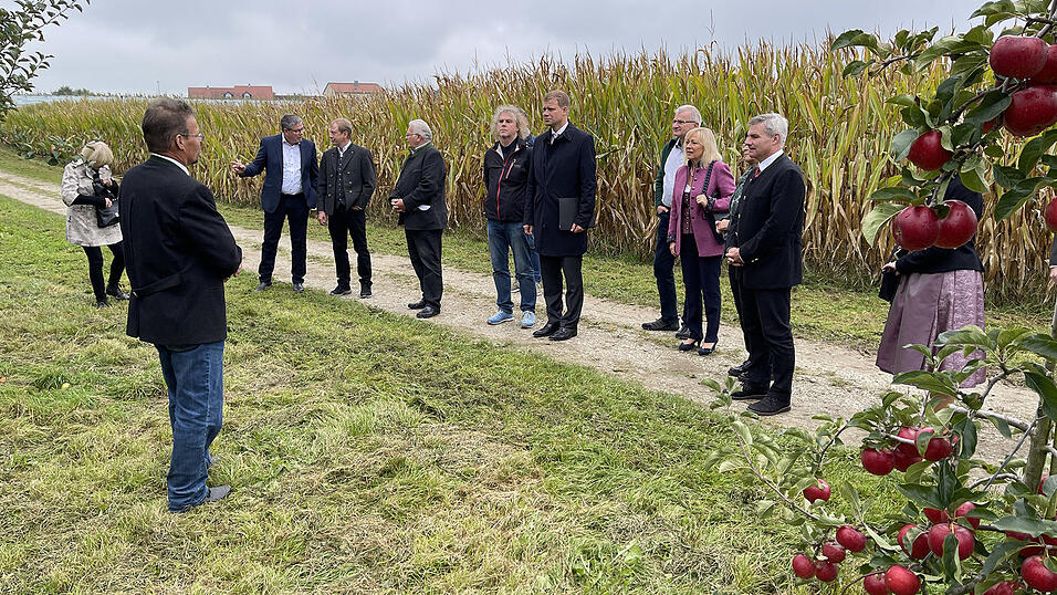 Betriebsleiter Hans G&ouml;ding (li.) f&uuml;hrte die Ehreng&auml;ste durch die Deutenkofener Obstanlagen; Im Bild u. a.: Landrat Peter Dreier (re.), B&uuml;rgermeisterin Rosa-Maria Maurer, Bezirkstagspr&auml;sident Dr. Olaf Heinrich (Mitte), daneben Bezirksrat Markus Scheuermann.