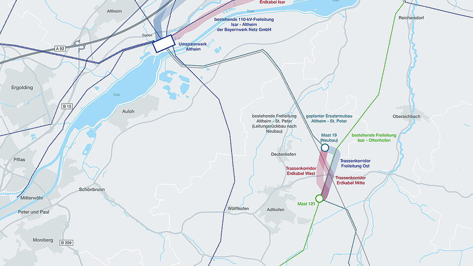 Zur P 77, Leitung zwischen Isar und Altheim gehört auch ein kleines Teilstück bei Adlkofen. Rot markiert ist die Erdkabeltrasse, blau die Freileitungen. Zur P 77, Leitung zwischen Isar und Altheim gehört auch ein kleines Teilstück bei Adlkofen. Rot markiert ist die Erdkabeltrasse, blau die Freileitungen.