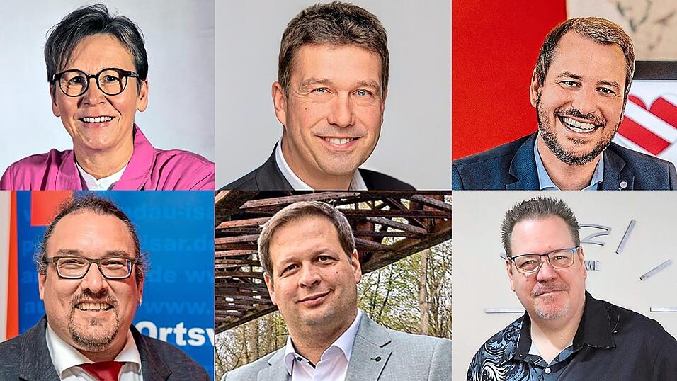 Sechs Kandidaten wollen in Landau B&uuml;rgermeister werden: (von oben links: Heike Aichner, Martin Aigner, Matthias Kohlmayer, (von unten links:) Daniel Lang, Thomas Lorenz und Thomas Mayr.