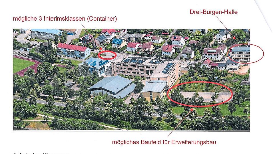 Diese Fotomontage aus der Kämmerei des Landkreises Kelheim zeigt die nun ins Auge gefassten Schritte, um das Raumproblem an der Riedenburger Realschule zu lösen. In der Drei-Burgen-Halle (oben rechts) werden drei Klassenzimmer eingerichtet, in der Mitte oben der Standplatz für die Containeranlage und unten rechts das Baufeld, wo in den nächsten Jahren der Erweiterungsbau hochgezogen wird. Diese Fotomontage aus der Kämmerei des Landkreises Kelheim zeigt die nun ins Auge gefassten Schritte, um das Raumproblem an der Riedenburger Realschule zu lösen. In der Drei-Burgen-Halle (oben rechts) werden drei Klassenzimmer eingerichtet, in der Mitte oben der Standplatz für die Containeranlage und unten rechts das Baufeld, wo in den nächsten Jahren der Erweiterungsbau hochgezogen wird.