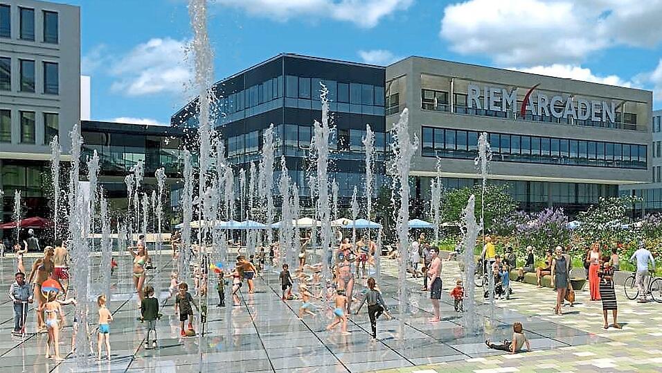 Der Brunnen auf dem Willy-Brandt-Platz in M&uuml;nchen-Riem soll k&uuml;nftig aus 40 Font&auml;nen bestehen. Kinder sollen dazwischen spielen k&ouml;nnen.