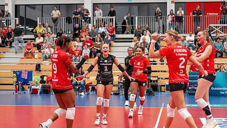 Prima Klima: Die Stimmung im Raben-Nest k&ouml;nnte kaum besser sein, wie (von links) Crystal Burk, Emely Brodowski, Jeannette Huskic, Pia Fernau und Tina de Groot deutlich anzusehen ist. Diese gute Laune wollen sich die Vilsbiburgerinnen auch von den &bdquo;Dingos&ldquo; nicht verderben lassen.