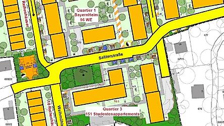 Im Quartier 3 des Rockermaier-Areals will der Bautr&auml;ger ein Studentenwohnheim (die vier Geb&auml;ude unten Mitte) errichten. Nun klagt die Stadt gegen die Genehmigung des Vorhabens durch das Landratsamt.