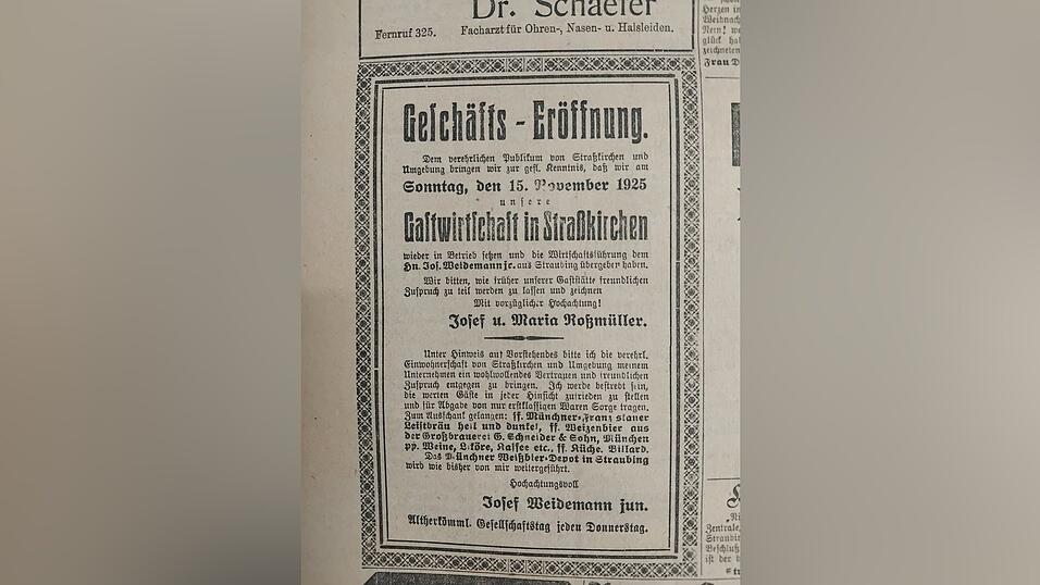 Bei der Straßkirchner Gastwirtschaft, deren Wiedereröffnung hier vor 100 Jahren im Anzeigenteil der Zeitung beworben wird, handelt es sich um den Gasthof „Sonne“. Inzwischen beherbergt befindet sich an der Stelle direkt an der B8-Ortsdurchfahrt das Restaurant „Mampfaria“. Bei der Straßkirchner Gastwirtschaft, deren Wiedereröffnung hier vor 100 Jahren im Anzeigenteil der Zeitung beworben wird, handelt es sich um den Gasthof „Sonne“. Inzwischen beherbergt befindet sich an der Stelle direkt an der B8-Ortsdurchfahrt das Restaurant „Mampfaria“.