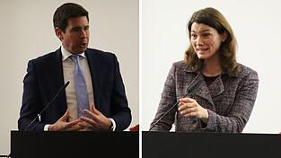 Landtagsabgeordneter Patrick Grossmann und Landr&auml;tin Tanja Schweiger w&auml;hrend ihren Reden beim W&ouml;rther Neujahrsempfang. (Archivfotos)