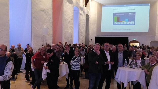 Gespanntes Warten auf die ersten Ergebnisse am Sonntagabend im Rittersaal, im Hintergrund sind erste Zahlen aus Baden-W&uuml;rttemberg zu sehen.