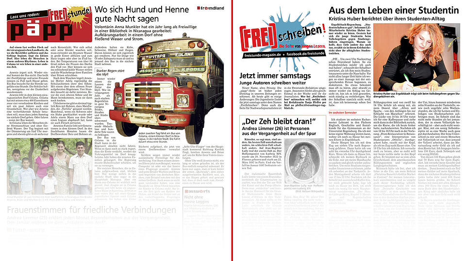 3. Januar 2012: Päpp erscheint in neuem Look (lilnks) und nähert sich der Freistunde an, bevor der Name am 26. Januar 2013 (rechts) verschwindet. Päpp heißt nun Freischreiben. Die Seite erscheint jetzt jeden Samstag in der Zeitung. 3. Januar 2012: Päpp erscheint in neuem Look (lilnks) und nähert sich der Freistunde an, bevor der Name am 26. Januar 2013 (rechts) verschwindet. Päpp heißt nun Freischreiben. Die Seite erscheint jetzt jeden Samstag in der Zeitung.