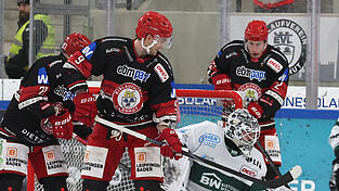Es reichte nicht: Der EV Landshut um David Stieler, Tobias Lindberg und Trevor Gooch (schwarzes Trikot, v.l.) war den Bietigheim Steelers am Dienstagabend in fast allen Belangen unterlegen.