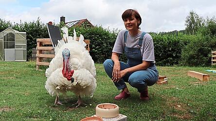 Susanne Meier neben der &uuml;berz&uuml;chteten und &uuml;bergewichtigen Pute. Um nicht weiter zuzunehmen, bekommt sie nur Gem&uuml;se als Futter.