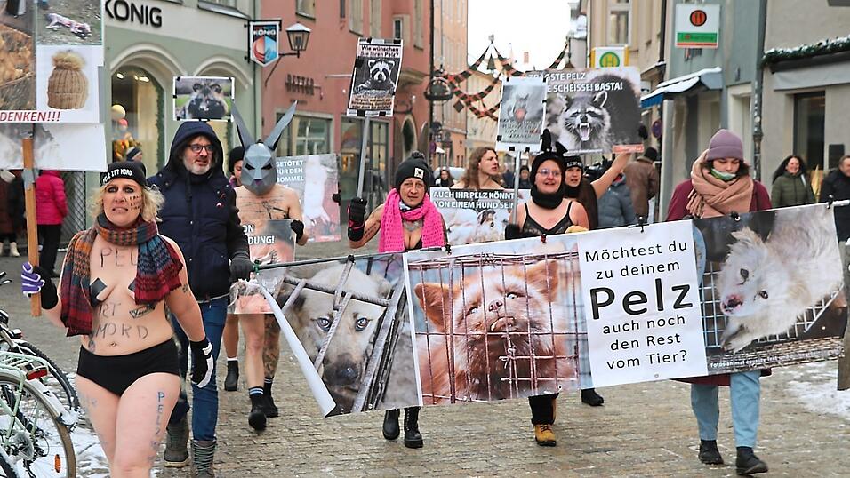 Nur in Slip oder Unterwäsche zogen die Pelzgegner am Sonntagnachmittag mit ihren Transparenten durch die Stadt. Nur in Slip oder Unterwäsche zogen die Pelzgegner am Sonntagnachmittag mit ihren Transparenten durch die Stadt.
