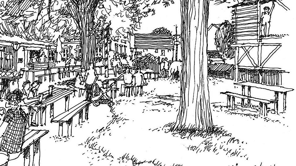 Mit schnellem Strich: Biergartenszene von Helmut Wartner.