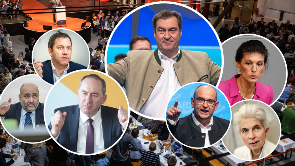 Beim Politischen Aschermittwoch in Bayern (v.l.): Omid Nouripour (Grüne), Lars Klingbeil (SPD), Hubert Aiwanger (Freie Wähler), Markus Söder (CSU), Stephan Protschka (AfD), Sahra Wagenknecht (BSW) und Marie-Agnes Strack-Zimmermann (FDP). Collage: Mediengruppe Attenkofer