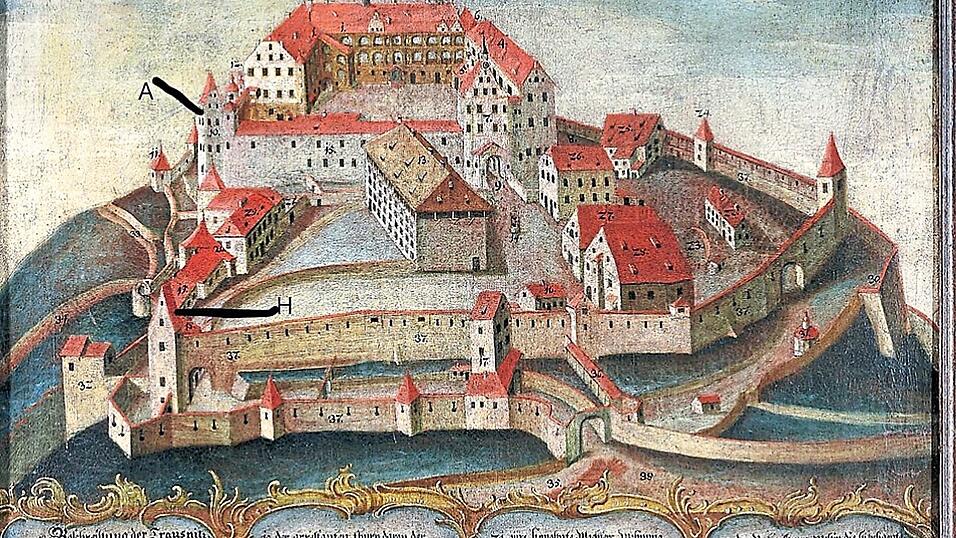 Auf dem Gem&auml;lde eines unbekannten Malers von 1770 ist das damals als Arrestantenturm (A) bezeichnete Verlies (heute Wittelsbacher Turm) sowie der sogenannte Hungerturm (H) zu sehen, in dem Claus Felbinger vermutlich gefangen gehalten wurde.