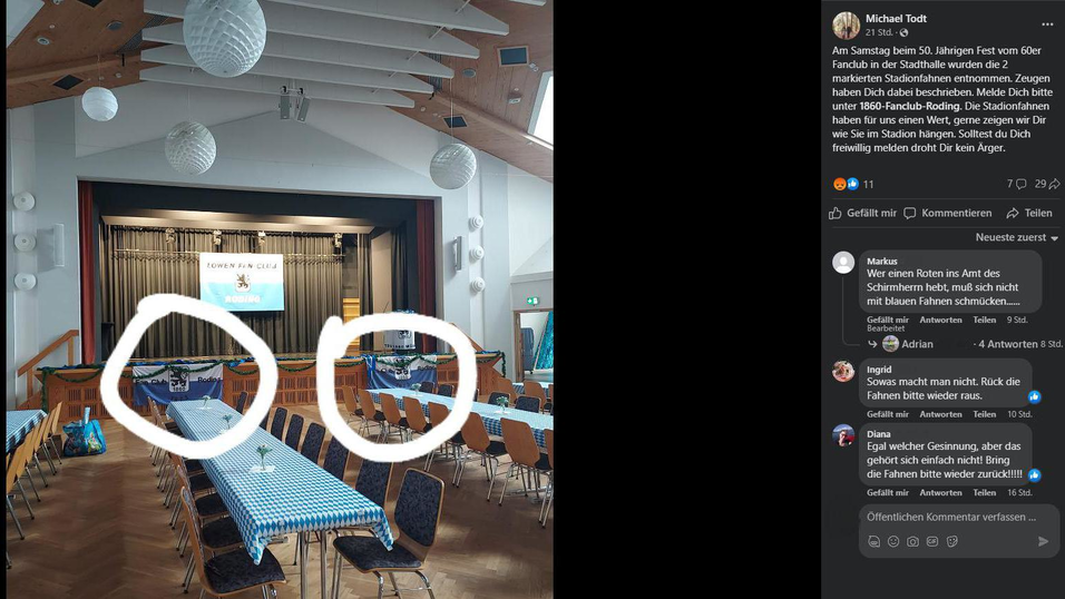 In einem Aufruf via Facebook sucht der TSV-Fanclub nach den entwendeten Stadionfahnen.