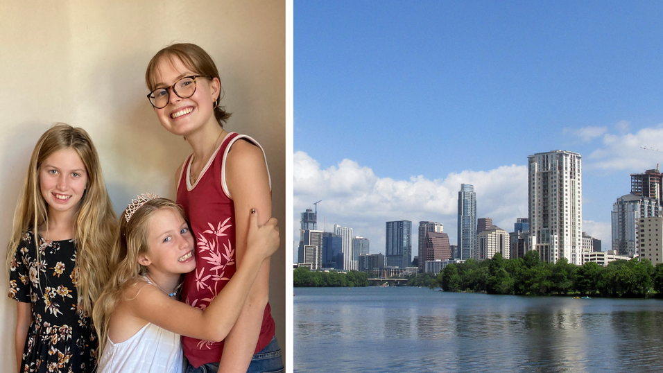 Links: Magdalena Jobst (rechts) mit ihren Gastschwestern Everly und Sybil. Daneben: Die Skyline von Austin. Unsere Autorin lebt bei ihrer Gastfamilie in Dripping Springs, einem Vorort der Metropole. Links: Magdalena Jobst (rechts) mit ihren Gastschwestern Everly und Sybil. Daneben: Die Skyline von Austin. Unsere Autorin lebt bei ihrer Gastfamilie in Dripping Springs, einem Vorort der Metropole.