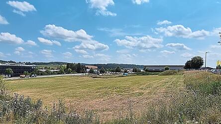 Auf dieser knapp 15.000 Quadratmeter gro&szlig;en Fl&auml;che im Gewerbegebiet &bdquo;Auhof-S&uuml;dwest&ldquo;, aufgenommen von der h&ouml;her gelegenen Nandlst&auml;dter Stra&szlig;e, plant die Firma Bachner ihren neuen Firmensitz. Links zu erkennen der Wolf-Campus an der vorbeif&uuml;hrenden Bundesstra&szlig;e.