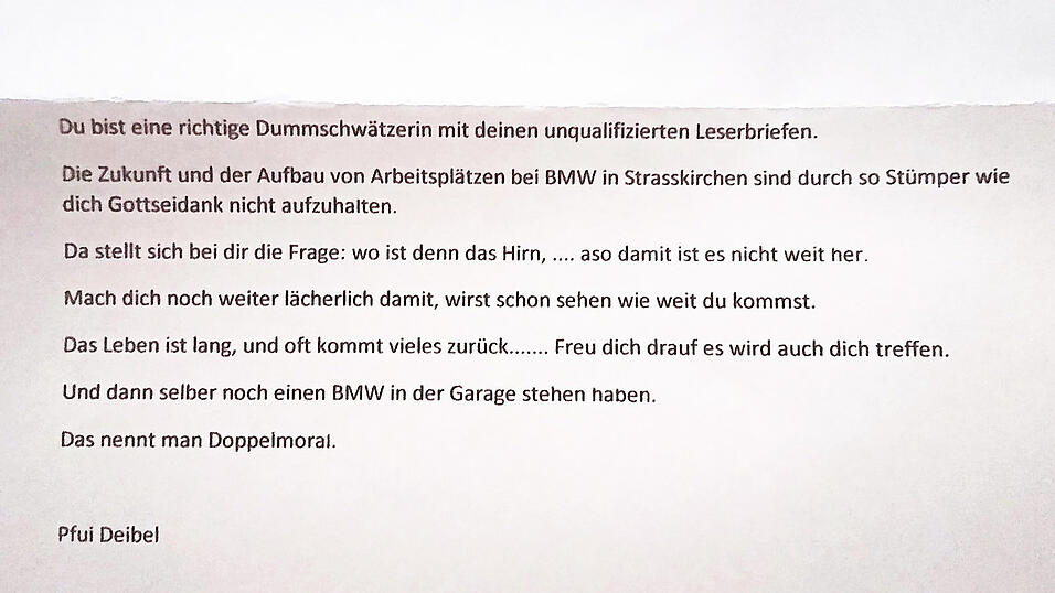 Diesen Schm&auml;hbrief hat Susanne Huber aus Irlbach wegen eines Leserbriefs bekommen. Doch diesen hat sie gar nicht selbst geschrieben.