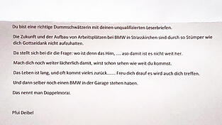 Diesen Schm&auml;hbrief hat Susanne Huber aus Irlbach wegen eines Leserbriefs bekommen. Doch diesen hat sie gar nicht selbst geschrieben.