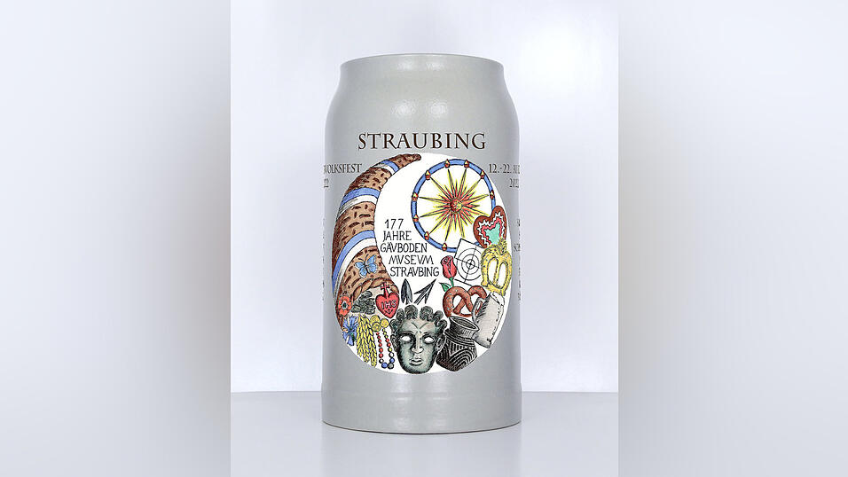 Den j&uuml;ngsten Volksfestkrug ziert ein Motiv, das G&auml;ubodenmuseum und Volksfest verbindet.