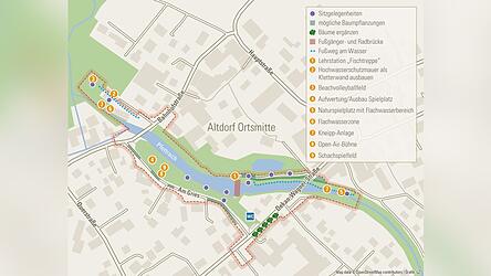 Das Konzept f&uuml;r das gr&uuml;ne Ortszentrum in Altdorf sieht mehr Aufenthaltsqualit&auml;t, Verkehrsberuhigung und einen besseren Zugang zur Pfettrach vor. In der Karte sind einige der vorgeschlagenen Ma&szlig;nahmen ersichtlich.