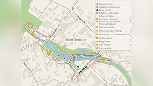 Das Konzept für das grüne Ortszentrum in Altdorf sieht mehr Aufenthaltsqualität, Verkehrsberuhigung und einen besseren Zugang zur Pfettrach vor. In der Karte sind einige der vorgeschlagenen Maßnahmen ersichtlich.