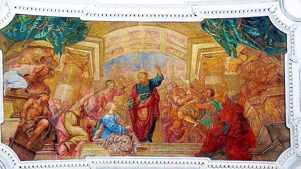 Eines der bedeutendsten Werke des Künstlers Joseph Anton Merz in der Pfarrkirche Schierling ist mit 'Paulus predigt in Athen' betitelt. Eines der bedeutendsten Werke des Künstlers Joseph Anton Merz in der Pfarrkirche Schierling ist mit 'Paulus predigt in Athen' betitelt.