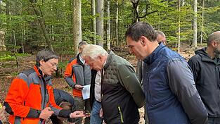 Ursula Schuster (l.) zeigt Alois Rainer und Sebastian Gruber (r.) den Harzporling-Düstenkäfer. Ursula Schuster (l.) zeigt Alois Rainer und Sebastian Gruber (r.) den Harzporling-Düstenkäfer.
