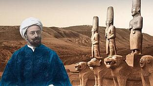 Max von Oppenheim mit Ausgrabungsobjekten aus dem Tell Halaf.