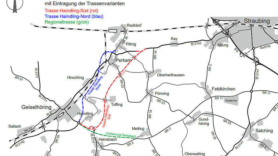 &Uuml;bersicht zur Umgehungsstra&szlig;enplanung in Geiselh&ouml;ring. Derzeit l&auml;uft das Planfeststellungsverfahren f&uuml;r die Variante Haindling-Nord.