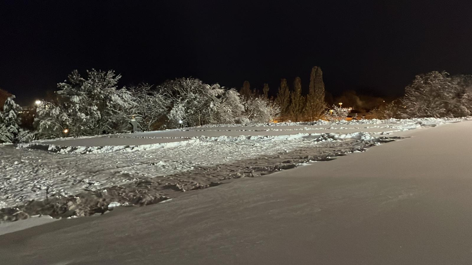 Zw&ouml;lf Mann sind seit 10 Uhr vormittags auf dem Dach des Eisstadions, um es zu r&auml;umen. Das ist der Stand gegen 17 Uhr.