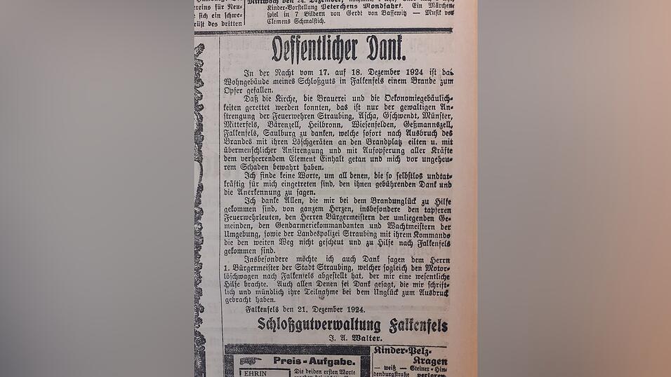 Die Schlossgutverwaltung von Falkenfels dankte allen, die bei der Brandbek&auml;mpfung mitgeholfen haben.