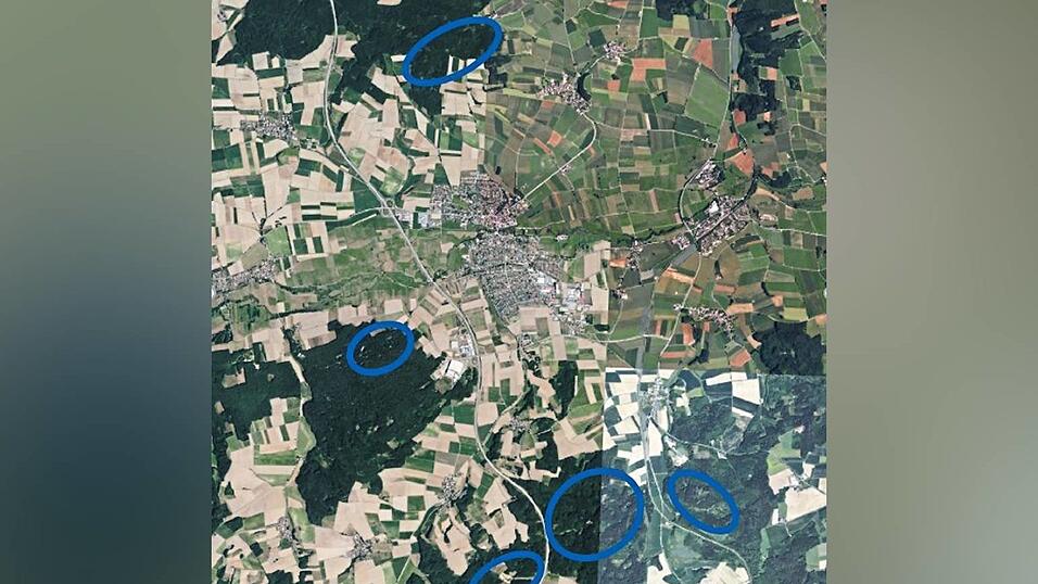 Die gekennzeichneten Flächen hat der Marktgemeinderat als 'Windvorranggebiete' benannt. Die gekennzeichneten Flächen hat der Marktgemeinderat als 'Windvorranggebiete' benannt.