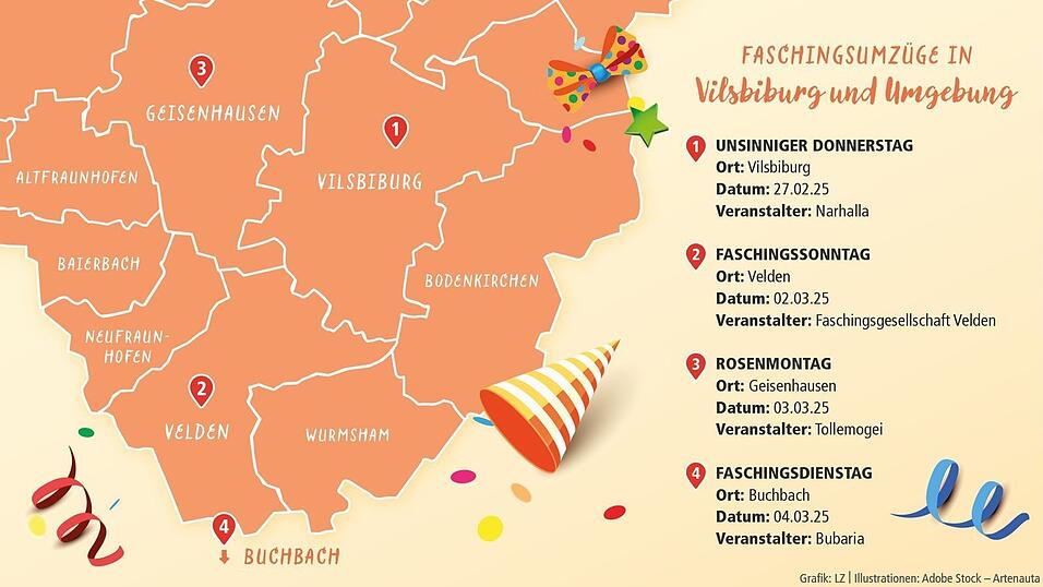 In Vilsbiburg und Umgebung wird es wieder einige Faschingsveranstaltungen geben. Die großen Umzüge sind in der Karte verzeichnet. In Vilsbiburg und Umgebung wird es wieder einige Faschingsveranstaltungen geben. Die großen Umzüge sind in der Karte verzeichnet.