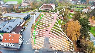 Unsere Visualisierung zeigt das schraffierte Areal der künftigen Rasenschotter-Fläche und links davon den geplanten Parkplatzbereich, der mit einer Hainbuchenhecke von der Festwiese abgetrennt werden soll.