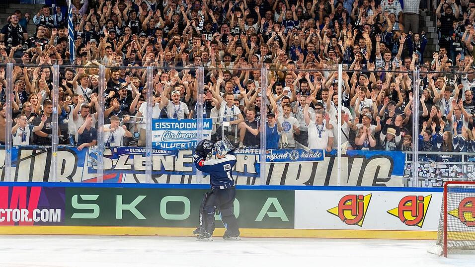Goalie Florian Bugl wird nach dem 3:2 der Straubing Tigers am vergangenen Sonntag im Shootout gegen den schwedischen Meister Skellefte&aring; AIK gefeiert. Auf der Trib&uuml;ne als Edel-Fan: Ex-Kapit&auml;n Sandro Sch&ouml;nberger (hinten, wei&szlig;es Shirt und wei&szlig;es Cap). Die Euphorie ist nach den beiden Siegen zum Auftakt gro&szlig;, doch die Aufgaben in der CHL werden f&uuml;r die Straubinger nicht leichter.