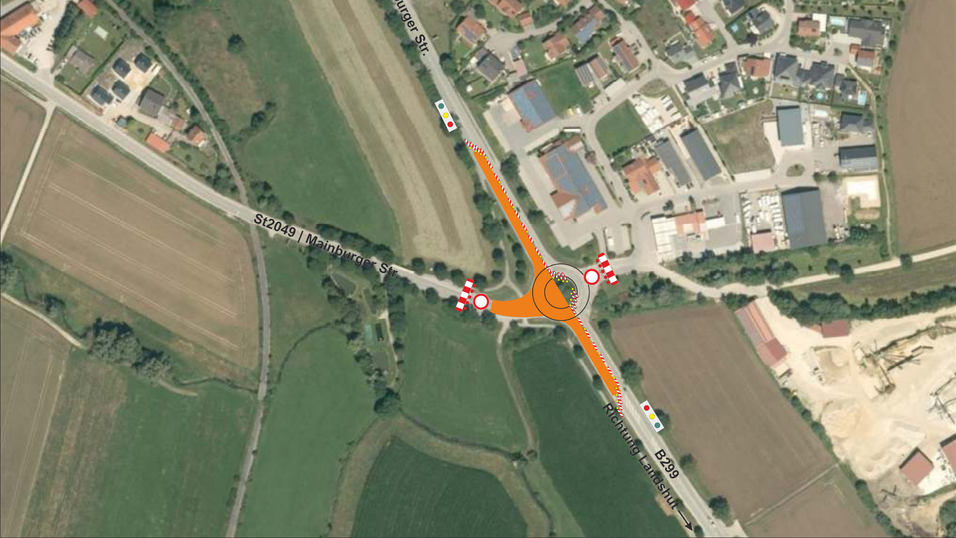 Halbzeit bei der Fahrbahn-Sanierung des Kreisverkehrs auf der B299 bei Arth: Am vergangenen Wochenende wird die Westh&auml;lfte erneuert.
