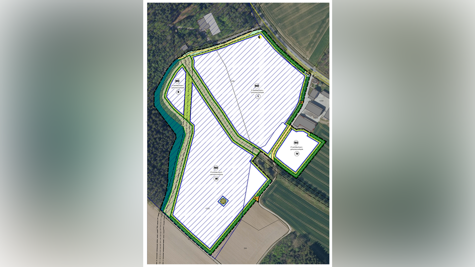 Die Photovoltaik-Anlage ist zwischen dem Anwesen Einsiedlhof (rechts) und dem Stadtwerkebrunnen (oben) vorgesehen. Die Photovoltaik-Anlage ist zwischen dem Anwesen Einsiedlhof (rechts) und dem Stadtwerkebrunnen (oben) vorgesehen.