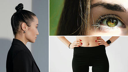 Drei Beispiele für die Trends: Links der Sleek Zopf, rechts oben der Canthal Tilt, rechts unten die Legging Legs.