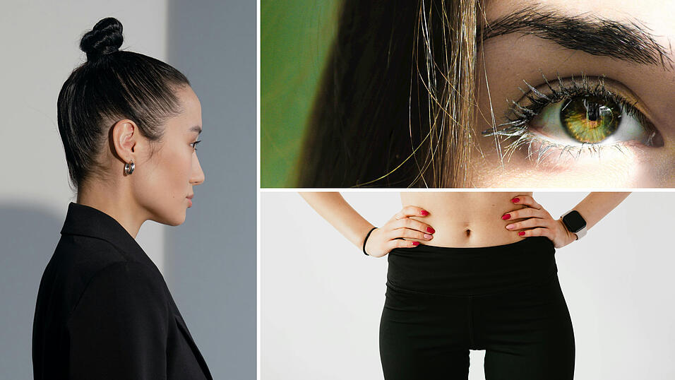 Drei Beispiele für die Trends: Links der Sleek Zopf, rechts oben der Canthal Tilt, rechts unten die Legging Legs.