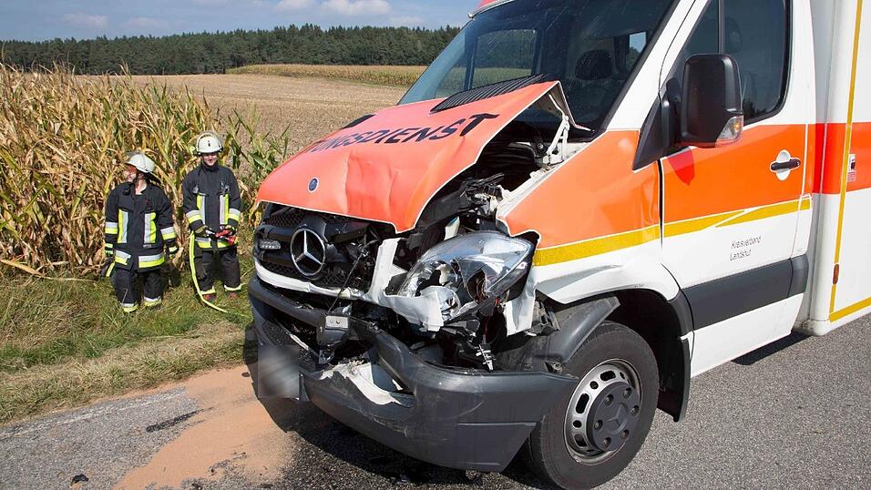 Ein Sanka fuhr am Samstag auf einen Notarztwagen auf, nachdem dieser stark bremste. Vier Rettungskräfte wurden leicht verletzt. Ein Sanka fuhr am Samstag auf einen Notarztwagen auf, nachdem dieser stark bremste. Vier Rettungskräfte wurden leicht verletzt.