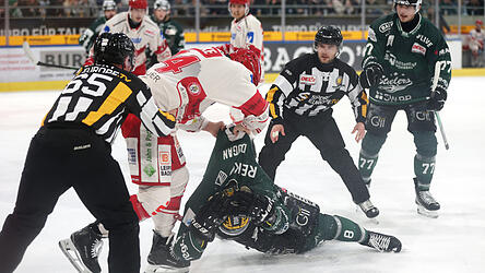 Ordentlich zugepackt: Das hat nicht nur Colton Jobke (2. v. l.) im Faustkampf gegen Bietigheims Jack Dugan (am Boden) gemacht, sondern auch der EVL und die drei Punkte eingesackt.