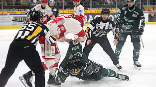 Ordentlich zugepackt: Das hat nicht nur Colton Jobke (2. v. l.) im Faustkampf gegen Bietigheims Jack Dugan (am Boden) gemacht, sondern auch der EVL und die drei Punkte eingesackt.