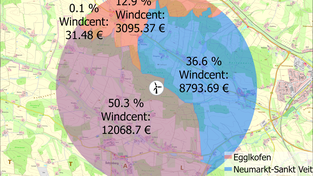 Windradstandort, der der Bodenkirchener Gemeindegrenze am n&auml;chsten liegt: Den gr&ouml;&szlig;ten Anteil am Windcent bekommt Sch&ouml;nberg. Neumarkt-St. Veit und Egglkofen profitieren ebenfalls. Nahezu leer geht in dieser Kategorie die Gemeinde Bodenkirchen aus.