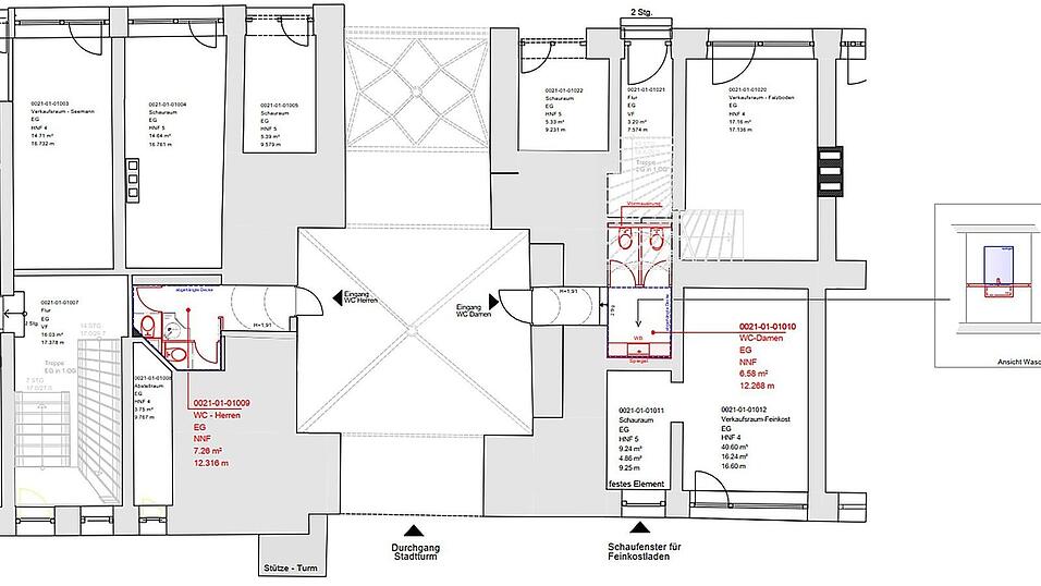 Mit 7,26 Quadratmeter f&uuml;r die Herren und 6,58 Quadratmeter f&uuml;r die Damen sind die beiden Toiletten nicht gerade &uuml;berdimensioniert. Aber mehr Platz gibt es nicht, wie der Blick auf den Grundriss verr&auml;t.
