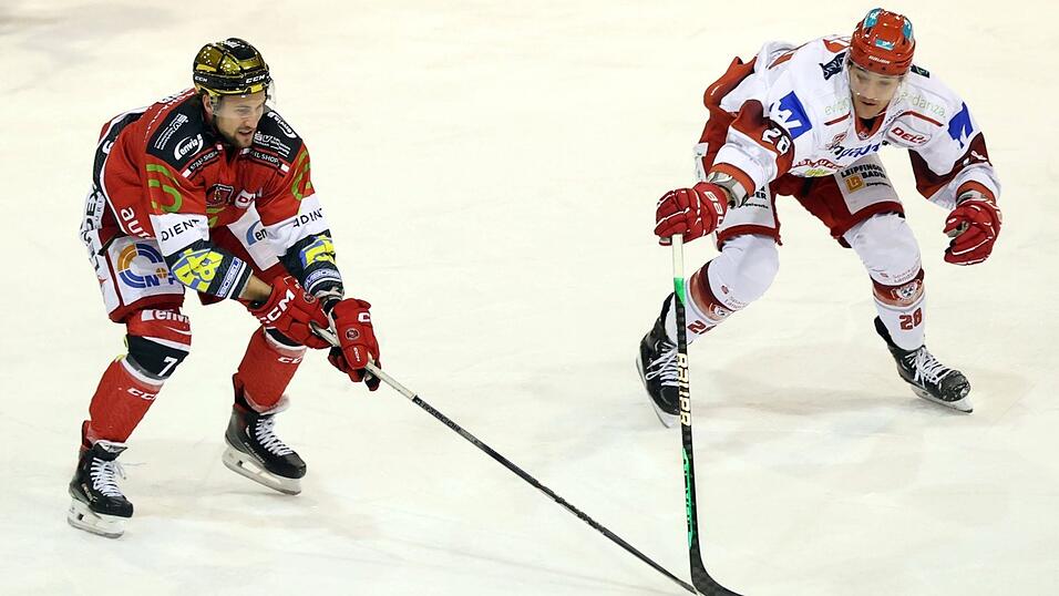 Tobias Lindberg (links) - 'ein Typ, der Verantwortung &uuml;bernimmt', so beschreibt EVL-Trainer Heiko Vogler den Schweden. Bis zuletzt lieferte Lindberg sich mit Crimmitschau noch packende Spiele gegen Landshut und John Rogl (rechts). Ab der neuen Saison tr&auml;gt Lindberg nun auch das rot-wei&szlig;en Trikot.