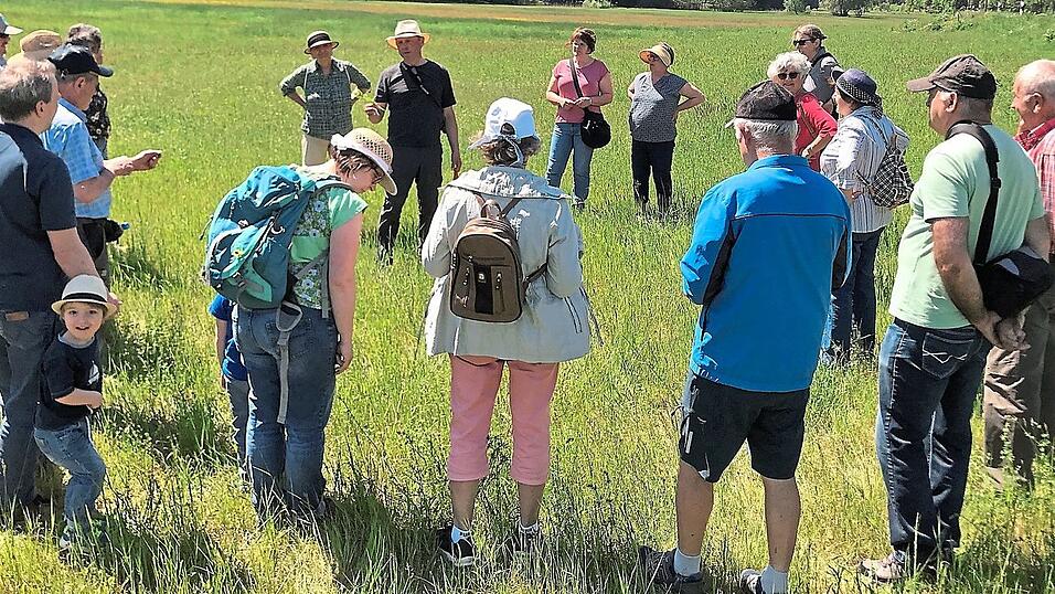 Konrad P&ouml;ppel (hinten Mitte) erkl&auml;rte den Teilnehmern der Wanderung die Besonderheiten des Rehmoos-Tals bei Elsendorf. Viele seltene Arten sind hier zuhause.