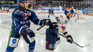 Straubings Taylor Leier (links) beharkt sich mit Münchens Patrick Hager. Nach dem bitteren 2:6 im Derby brennen die Tigers auf Wiedergutmachung im Heimspiel an diesem Dienstag gegen Meister Berlin.