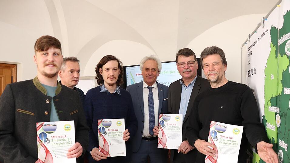 Bei der Vorstellung der Strombrosch&uuml;re 2025: (v. l.) Klimaschutzmanager Daniel Siflinger, Energiebeauftragter Ivan Mikan, Energiebeauftragter Moritz Strey, Landrat Helmut Petz, Raimund Becher (Solarfreunde Moosburg e. V.) und Andreas Henze (Sonnenkraft Freising e. V.).
