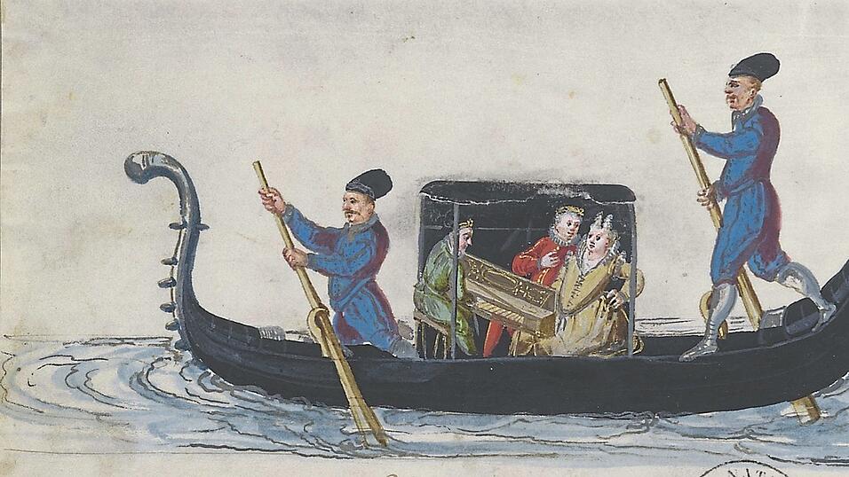 Il Pozzoserrato hat diese Gondelszene um 1600 in einem Aquarell wiedergegeben. Um das Paar zu sehen, musste man einst ein Deckblatt hochklappen. Il Pozzoserrato hat diese Gondelszene um 1600 in einem Aquarell wiedergegeben. Um das Paar zu sehen, musste man einst ein Deckblatt hochklappen.