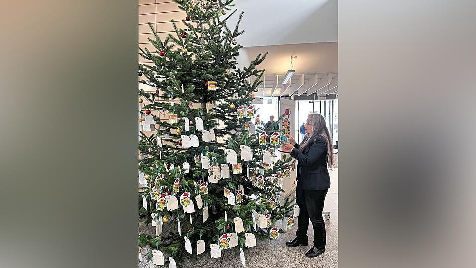 Karin Sperrer, die die Kinderbaum-Aktion betreut, hängt die letzten der 532 Anhänger an den Baum. Karin Sperrer, die die Kinderbaum-Aktion betreut, hängt die letzten der 532 Anhänger an den Baum.